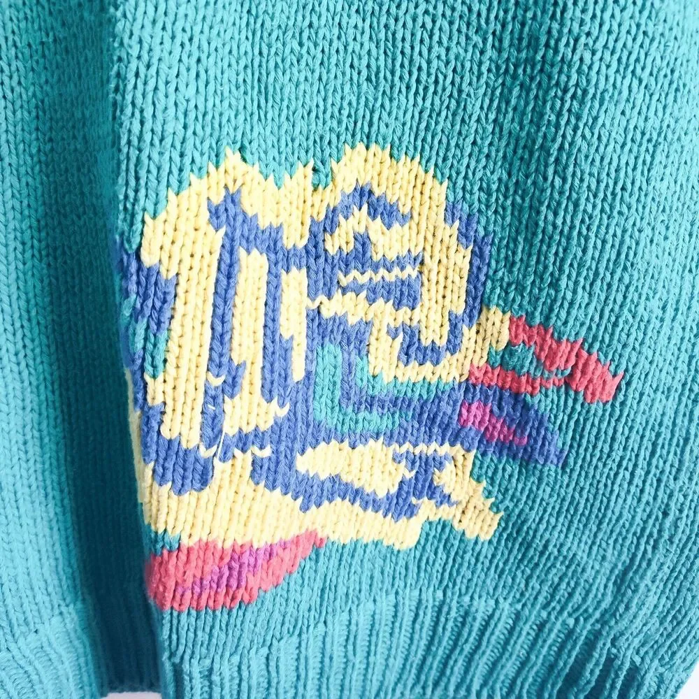 Chaus Sweater Linen Cotton 90s Medium Knit Sleeveless Floral Womens Green Vtg